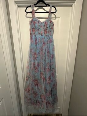 Light Blue Floral Maxi Dress with Pink Roses